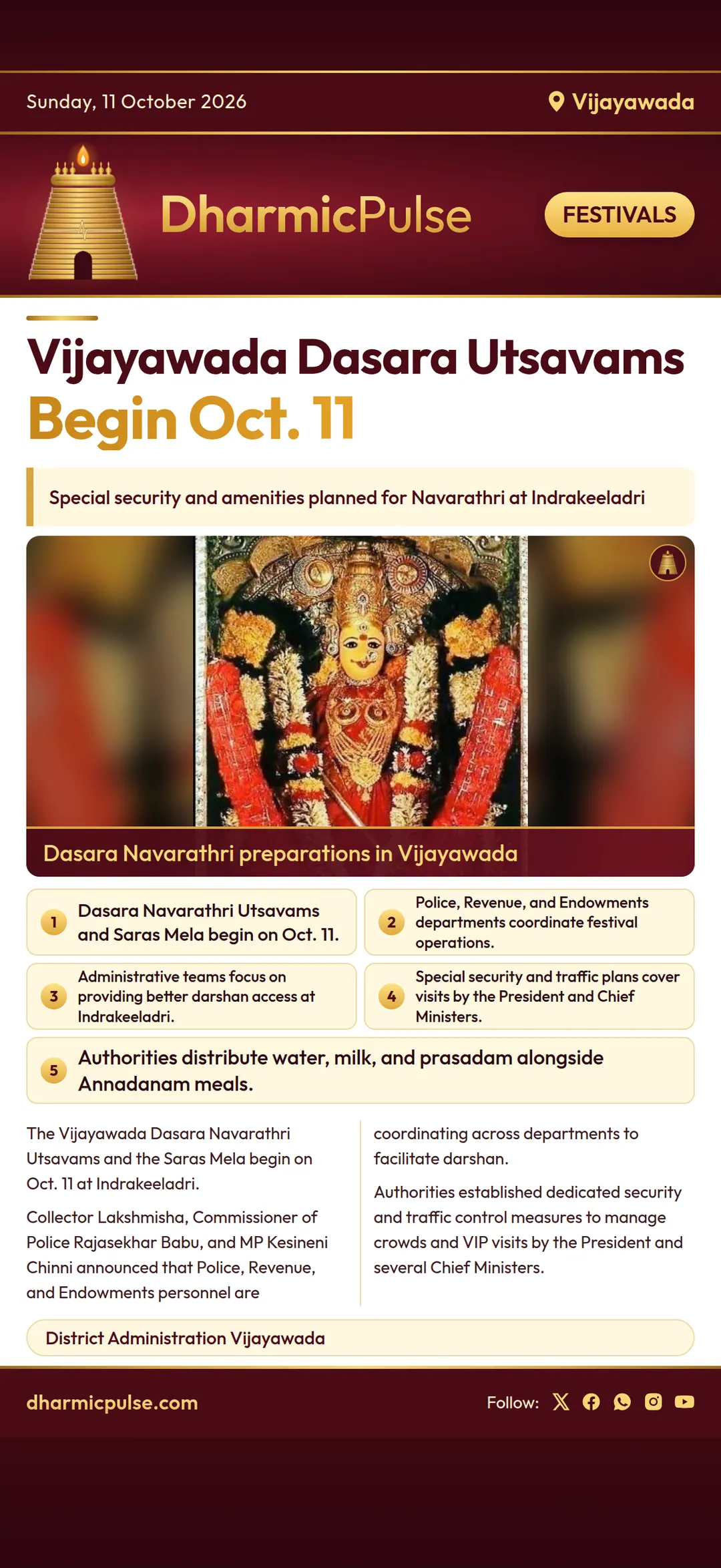 Vijayawada Dasara Navarathri Utsavams and Saras Mela begin on Oct. 11