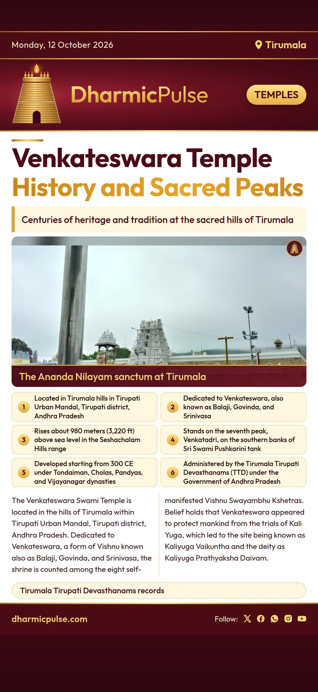 Tirumala Venkateswara Temple preserves centuries of history across seven sacred peaks