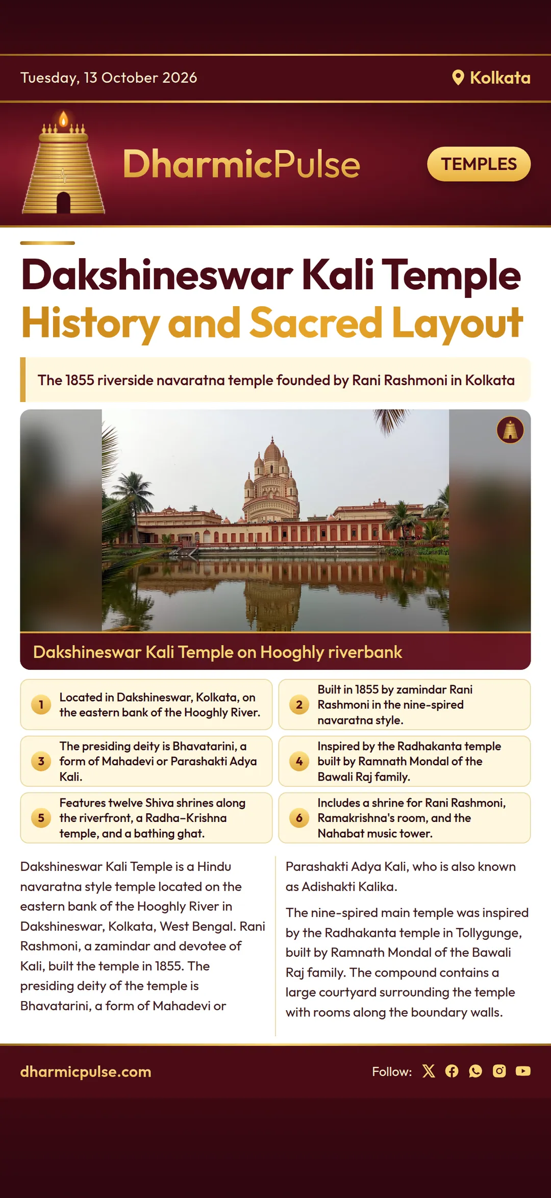 History and layout of Dakshineswar Kali Temple along the Hooghly River in Kolkata