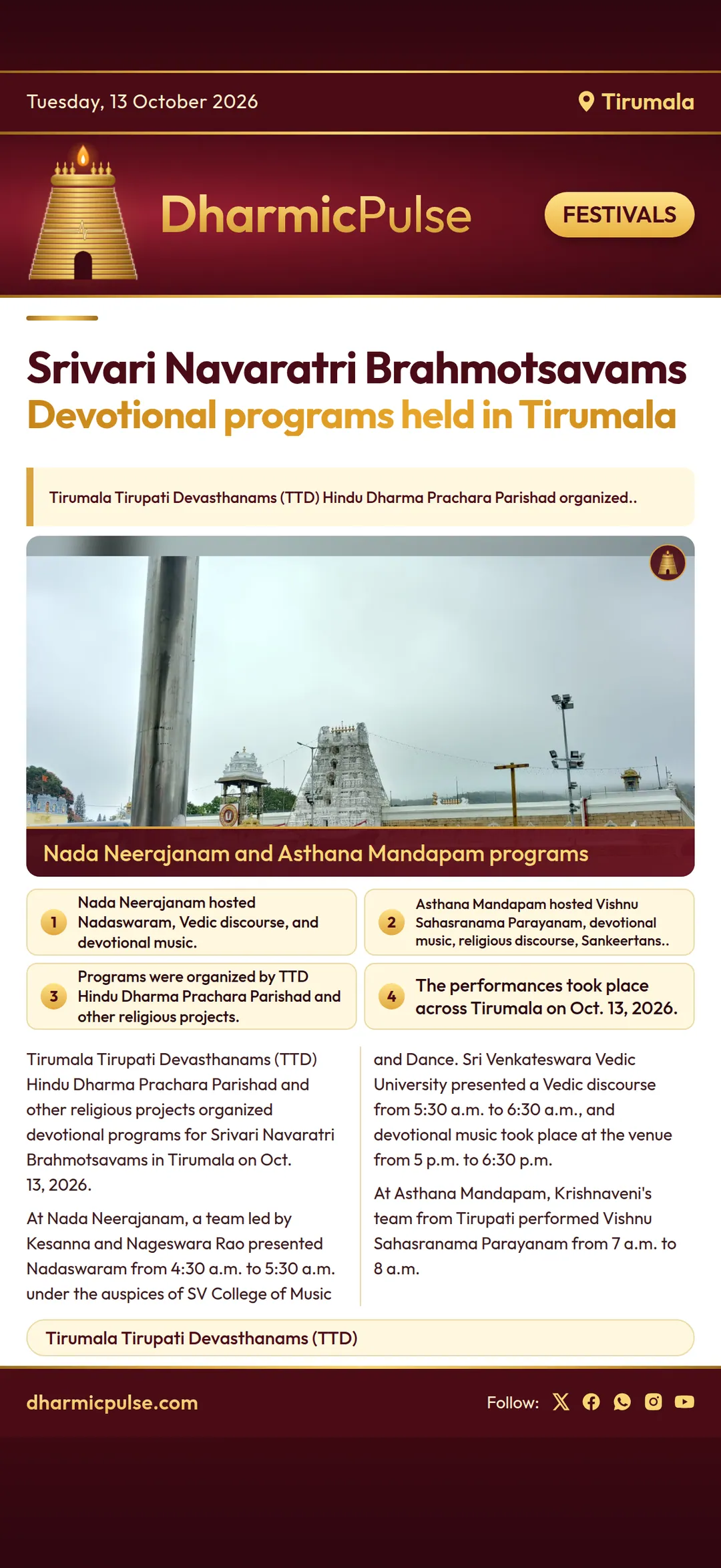 TTD Hindu Dharma Prachara Parishad organized devotional programs for Srivari Navaratri Brahmotsavams in Tirumala