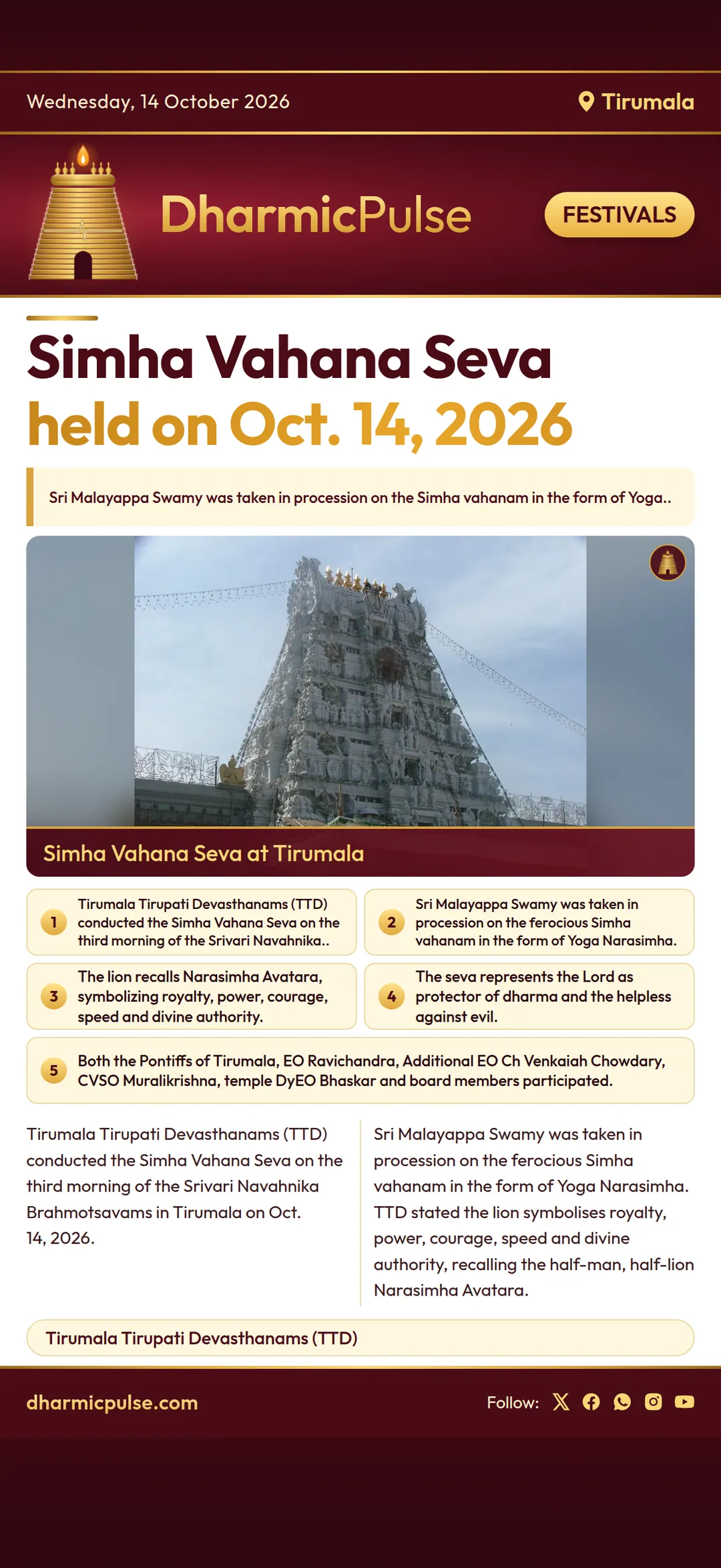 Simha Vahana Seva held at Tirumala on Oct. 14