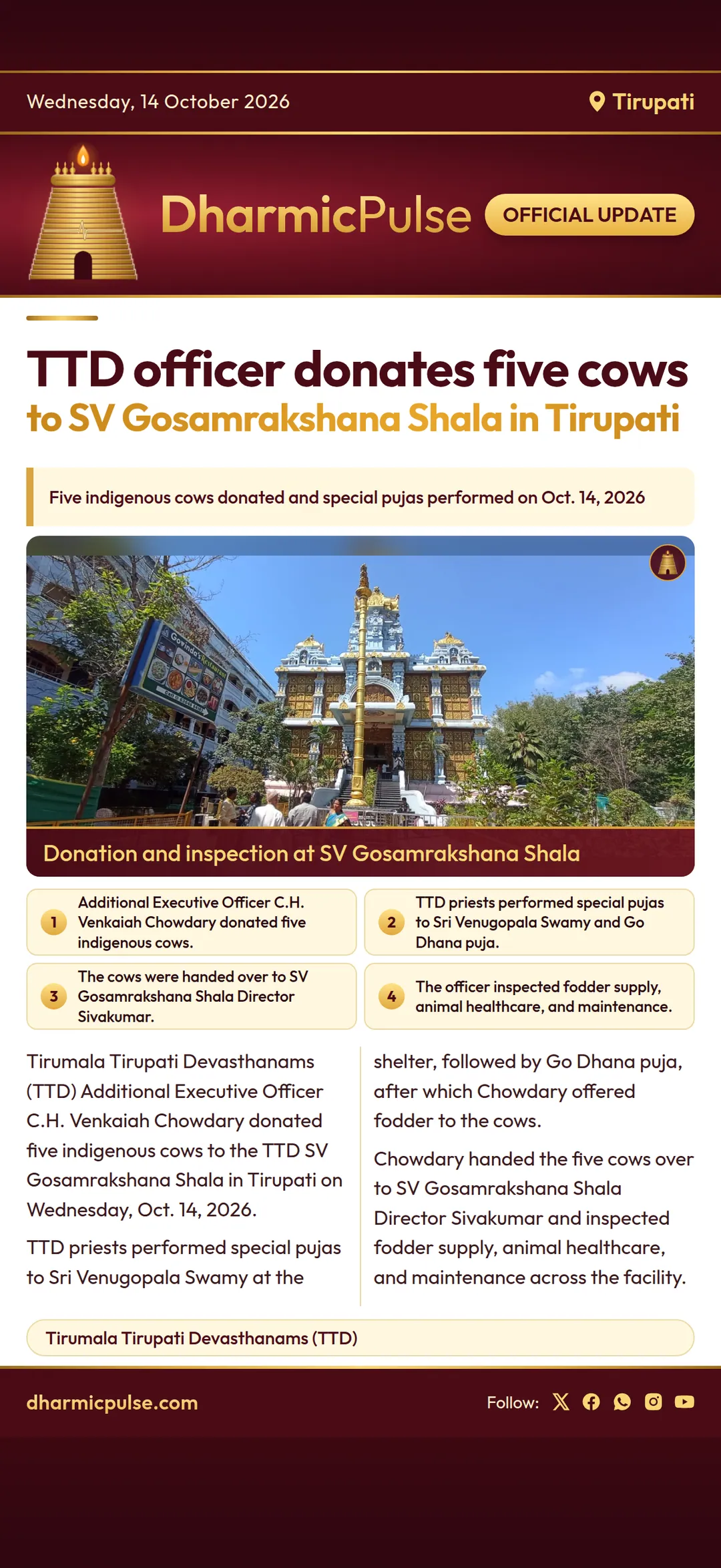 TTD officer donates five cows to SV Gosamrakshana Shala in Tirupati